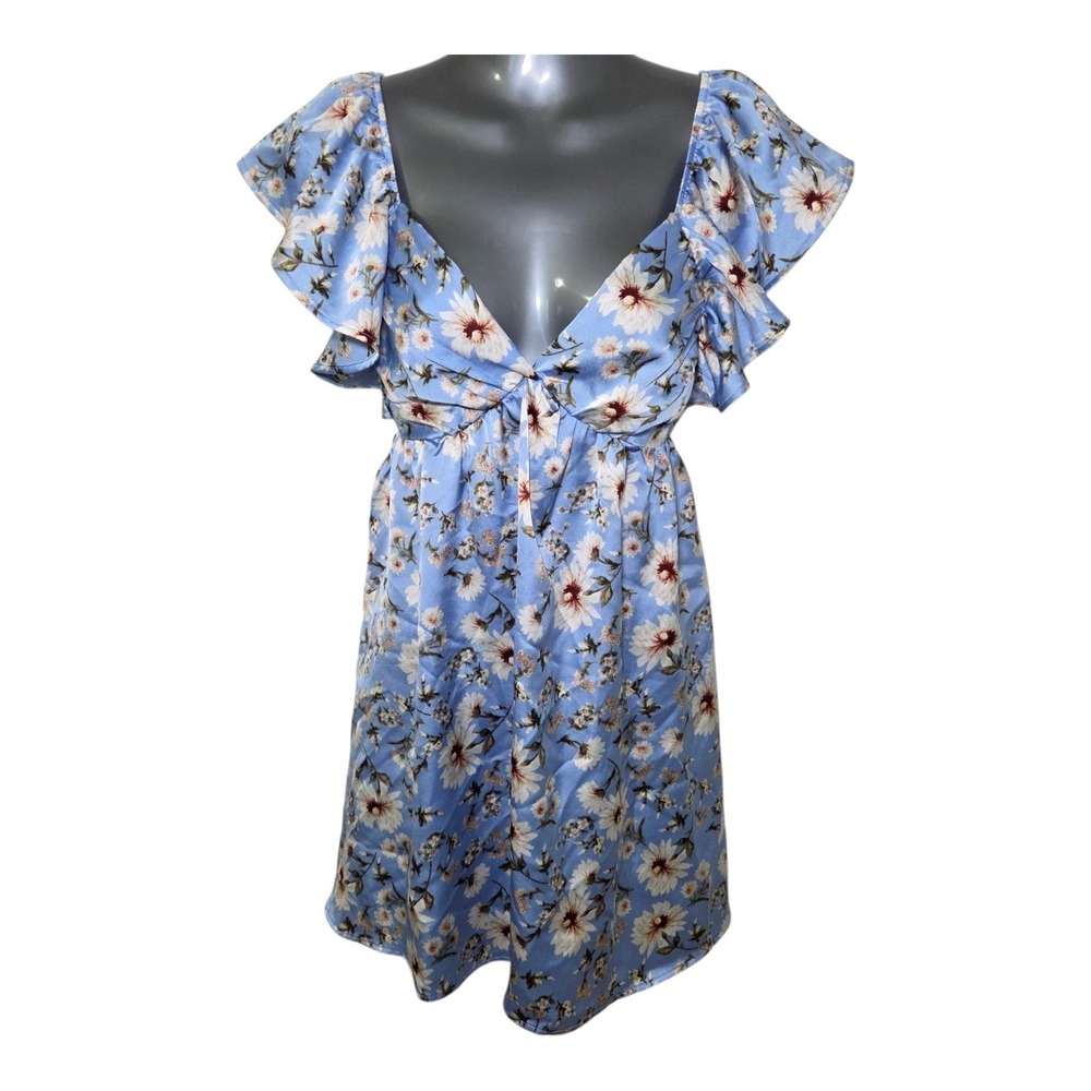 Blue Floral Ruffle Mini Dress Small Cottagecore Coquette Milkmaid Romantic Fairy